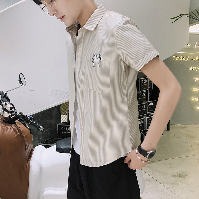 港风条纹衬衫男日系复古韩版修身夏季短袖百搭学生印花衬衣男装潮
