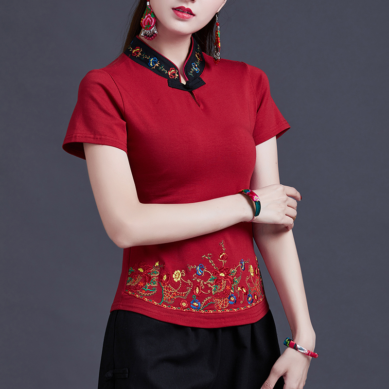 复古中国风盘扣上衣短袖刺绣衣服夏 新款拼色立领民族风绣花t恤女