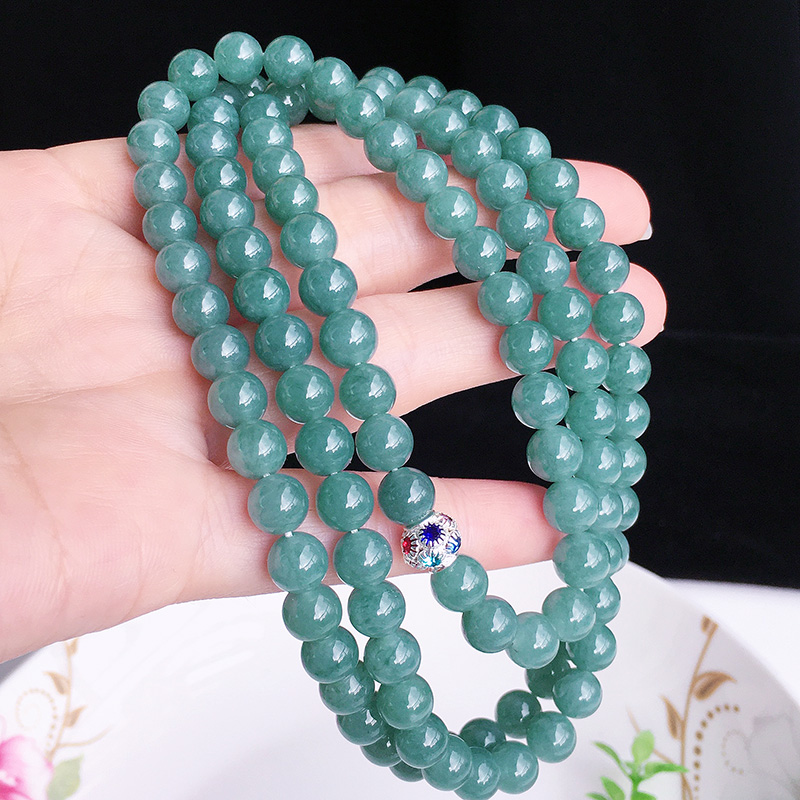 天然翡翠蓝水绿珠链冰种项链玉石珠玉毛衣链男颈饰