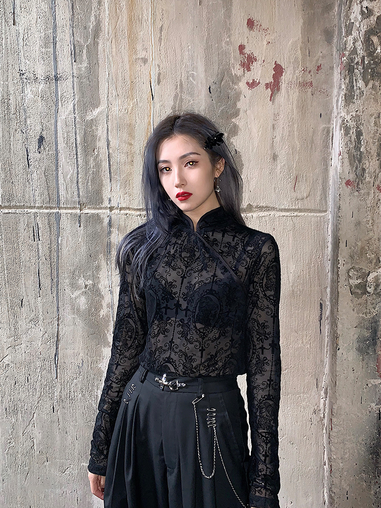 AWAKEN原创 华流新中式玫瑰植绒提花网纱衫改良旗袍T恤内搭长袖