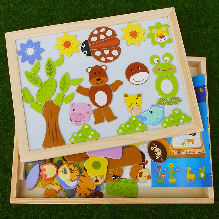 早教教具木制幼儿园儿童益智积木玩具磁性动物拼拼乐双面画板拼图