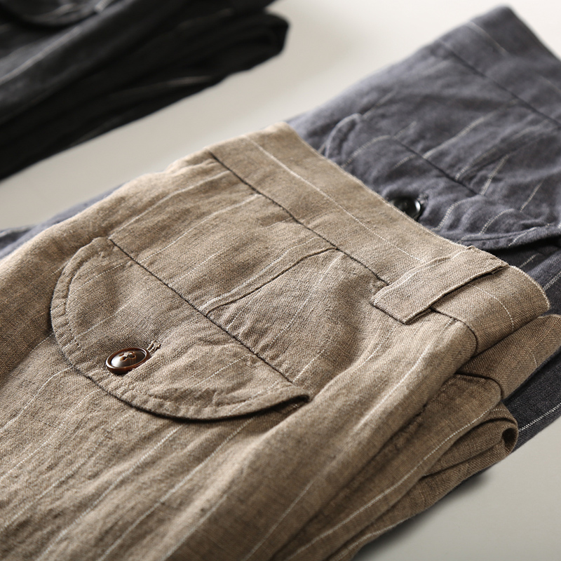 别致圆盖口袋 纯亚麻面料薄爽透气时尚条纹收脚休闲裤