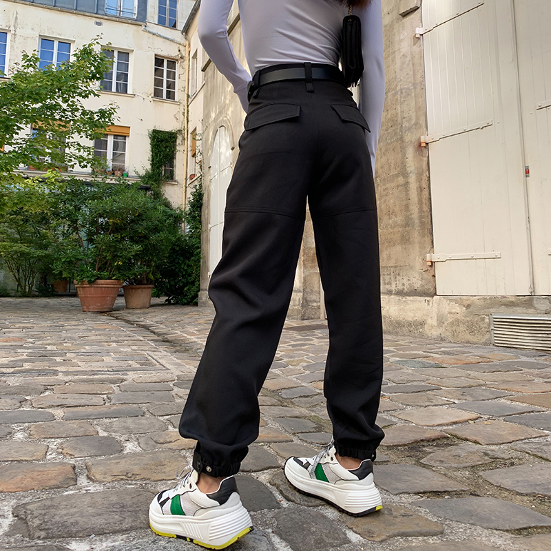 LEIYU工装裤女束脚2020春秋黑色宽松直筒运动高腰休闲裤欧美ins潮