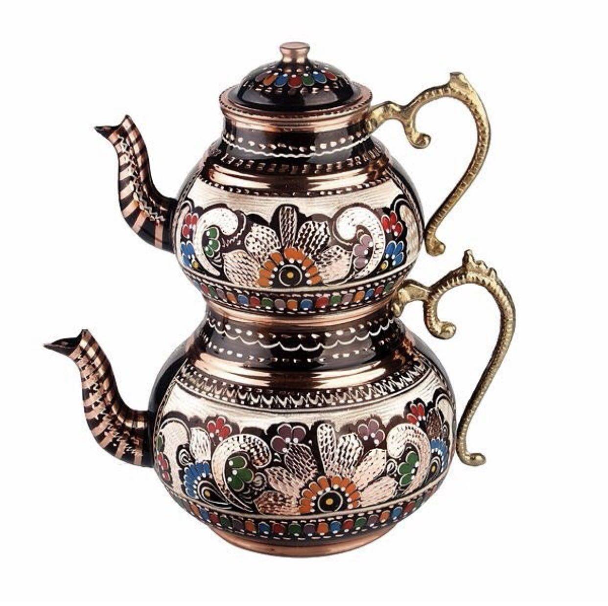 茶壶土耳其红茶手工打造厚铜彩绘雕花花子母壶茶壶