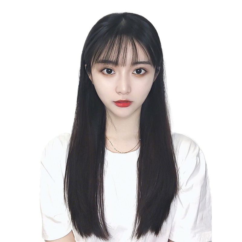 假发女长发全头套网红逼真长直发空气刘海圆脸长发及腰气质黑长直