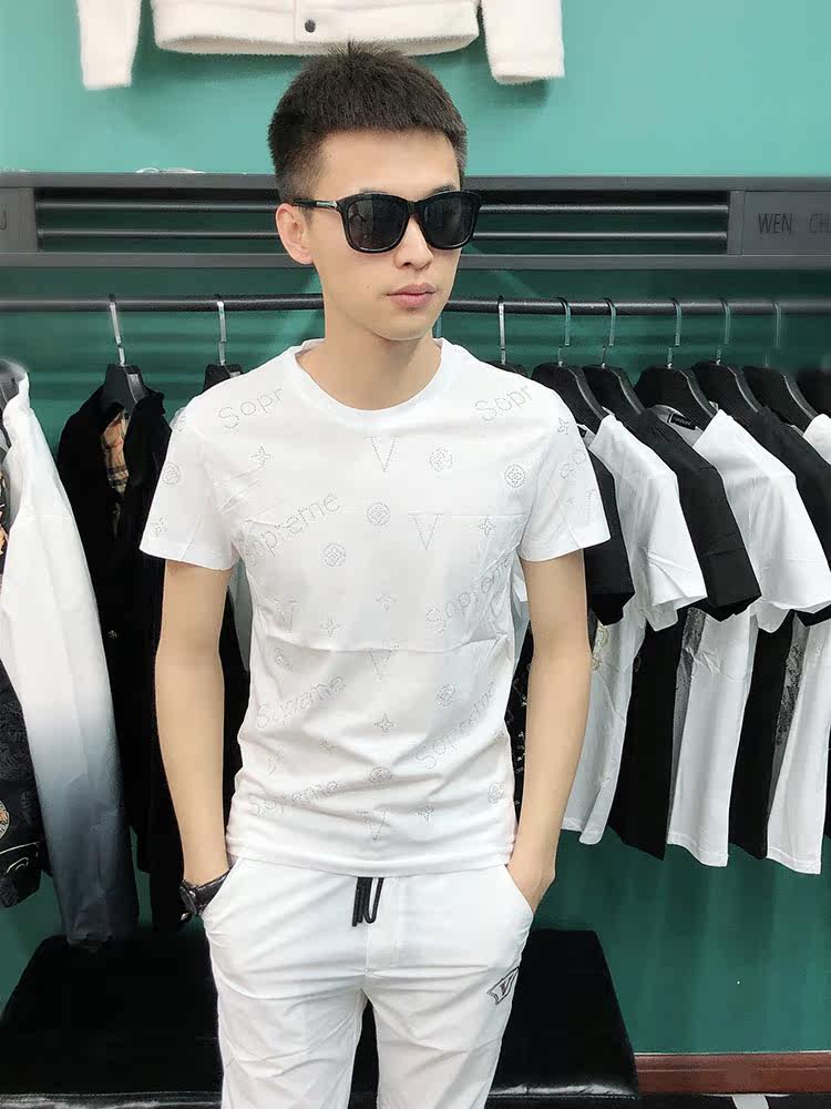 男士社会打底修身小伙精神短袖半截烫钻潮牌t恤