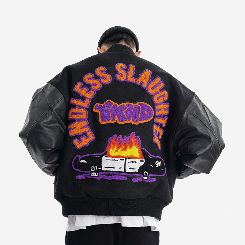 YKHD刺绣皮袖棒球夹克 秋冬季美式嘻哈棒球服男加棉加厚毛呢外套