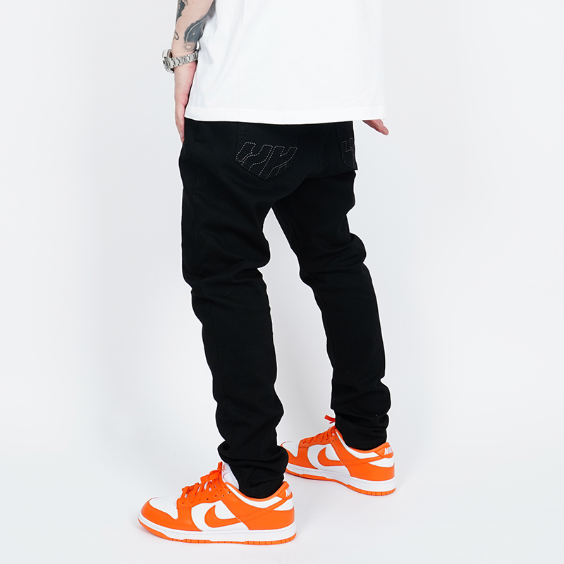 YKHD刺绣修身牛仔裤 秋冬季黑色休闲弹力修身小脚牛仔长裤男潮牌