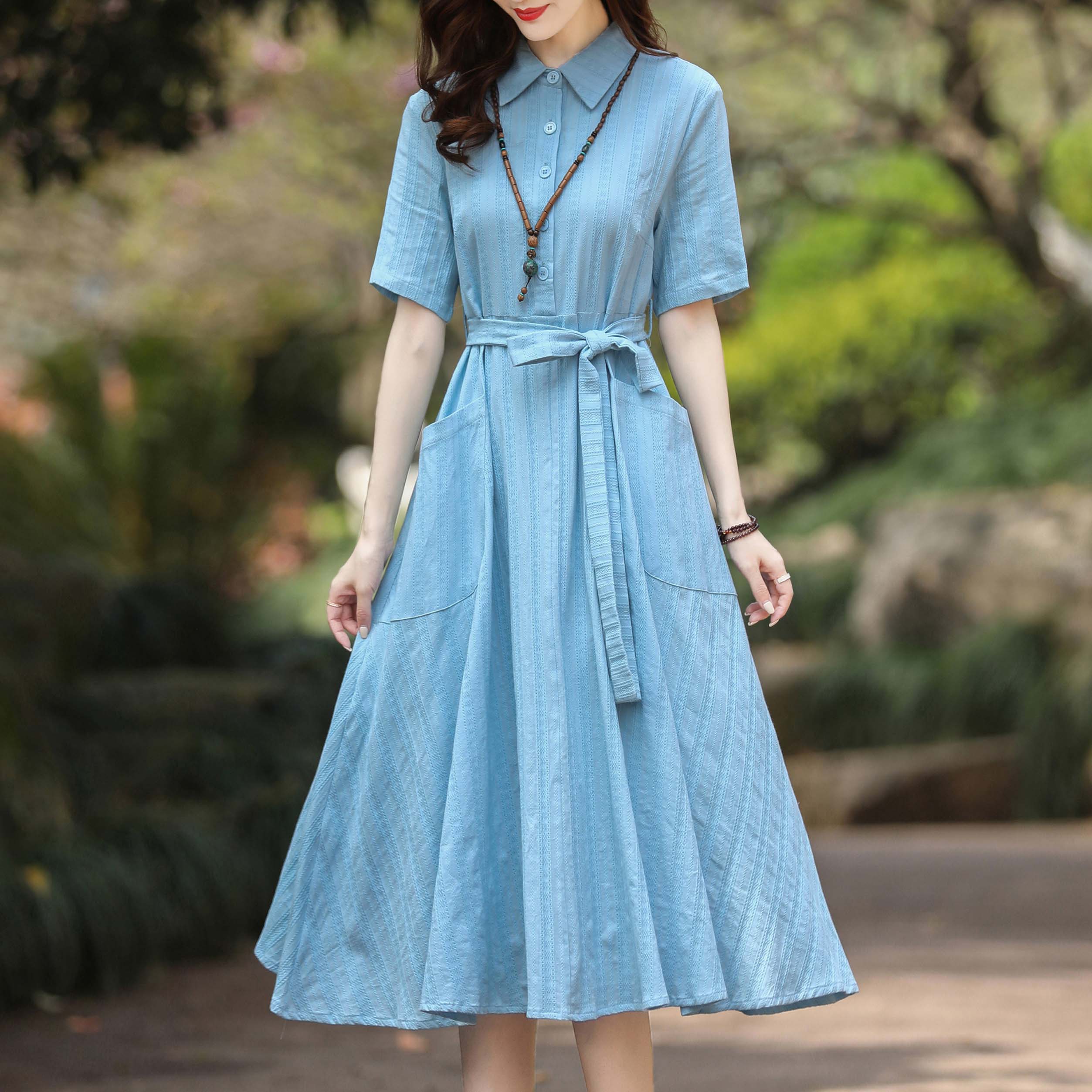 恒源祥夏装纯棉女士连衣裙气质翻领系带收腰长裙连衣裙