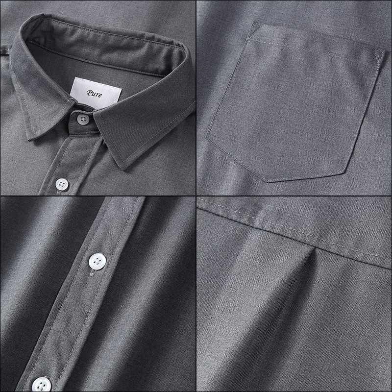 pureピュ衬衫日系复古基础纯色五分宽松休闲衬衫