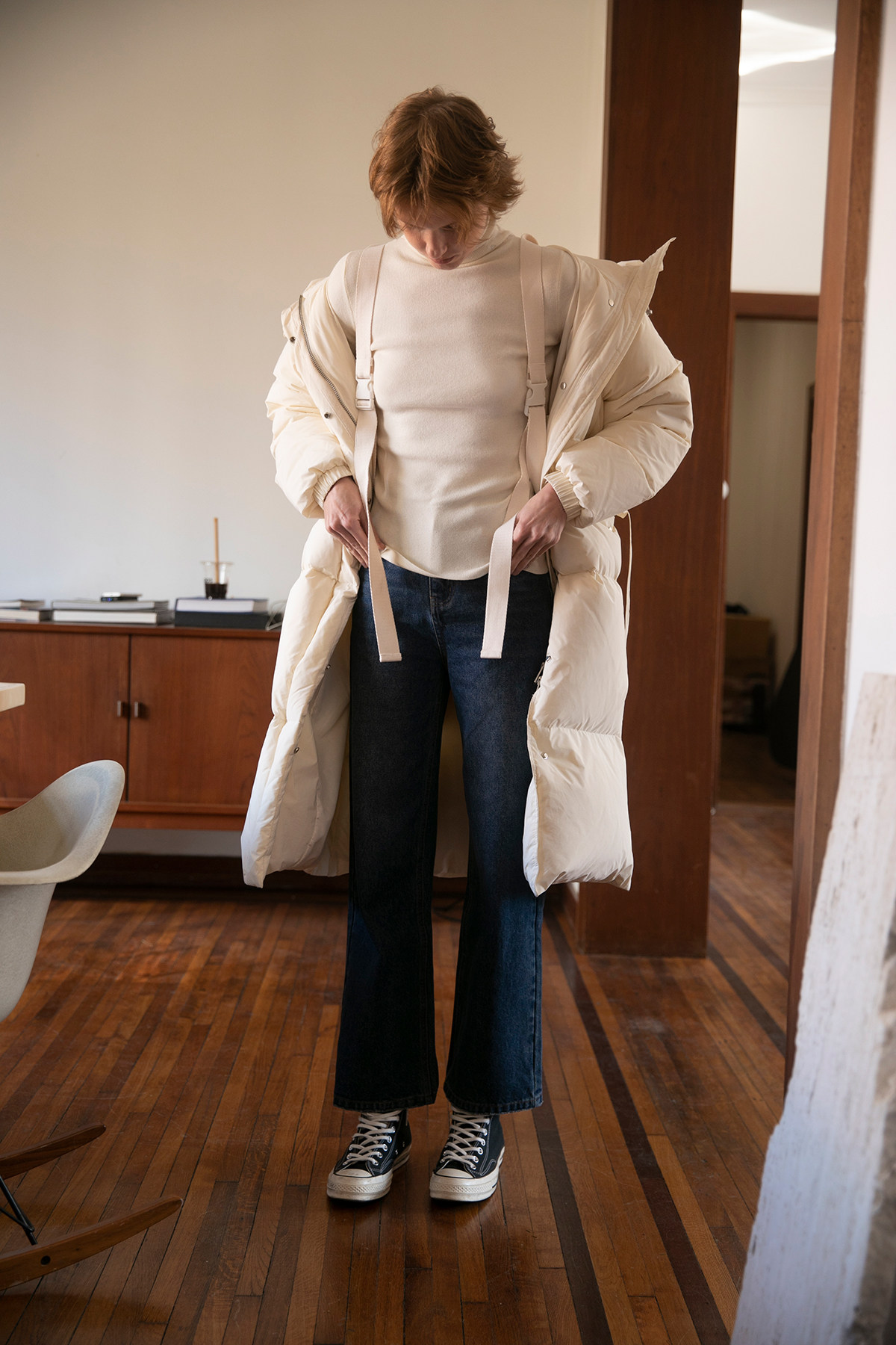 果核宇宙kernelcosmos21fw雪国列车重工背带连帽中长款羽绒服女