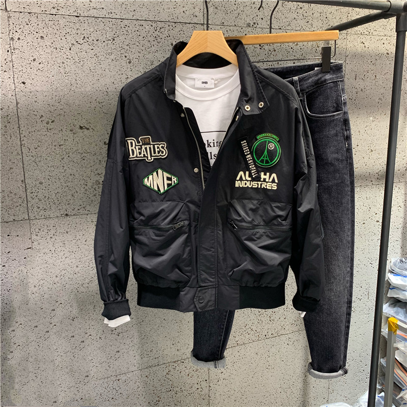 稻禹春秋新款贴标刺绣夹克潮流帅气美式休闲工装外套飞行员棒球服