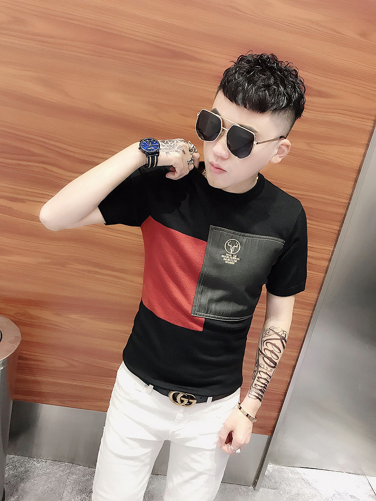 2022春夏新款男士半袖圆领针织衫拼色毛衣韩版修身青年刺绣短袖潮