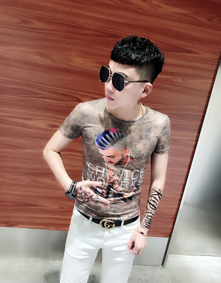 韩版潮流男士冰丝透气个性T恤夏季男装修身圆领短袖网红半袖衣服