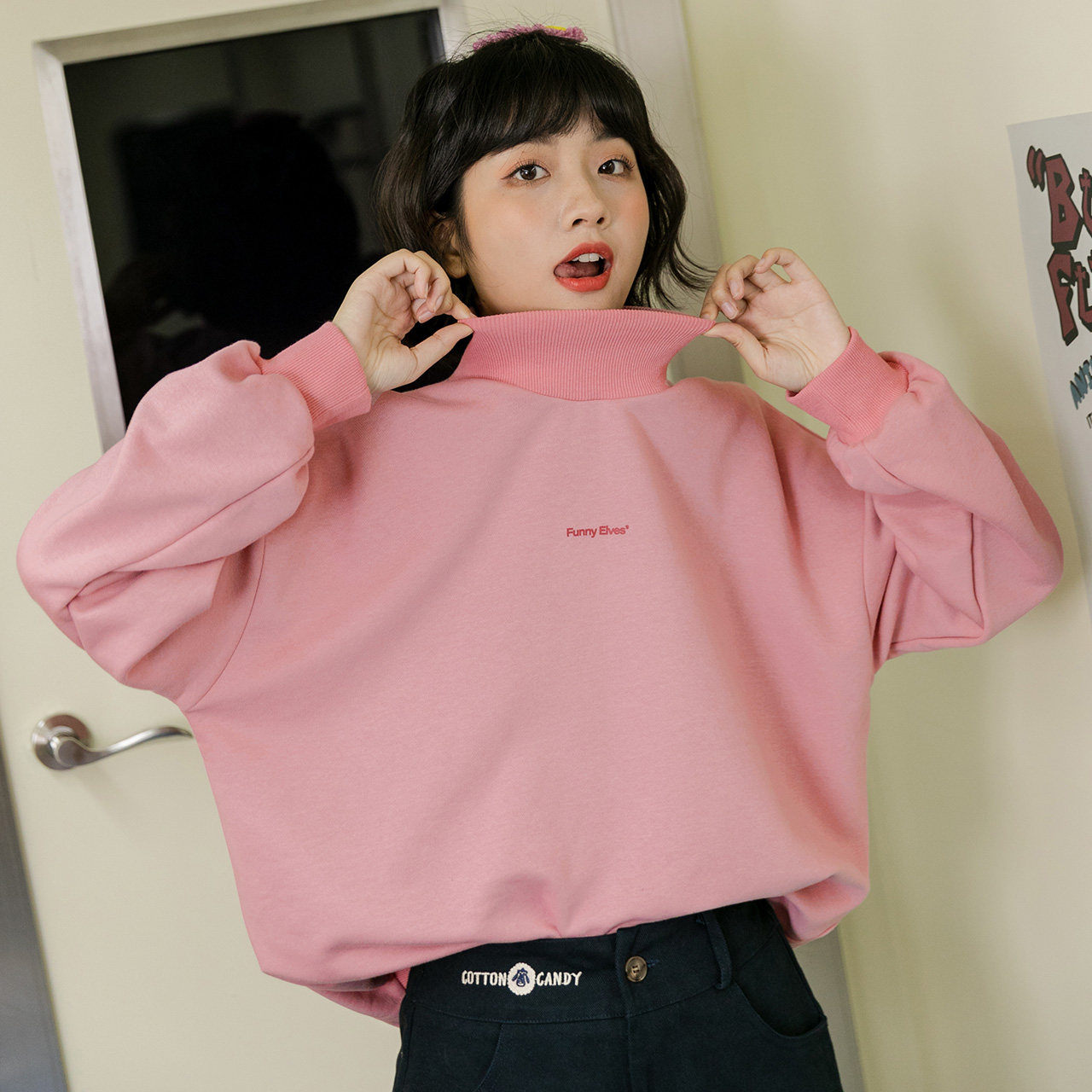 冬季半高高领套头卫衣女宽松bf慵懒风无温柔卫衣