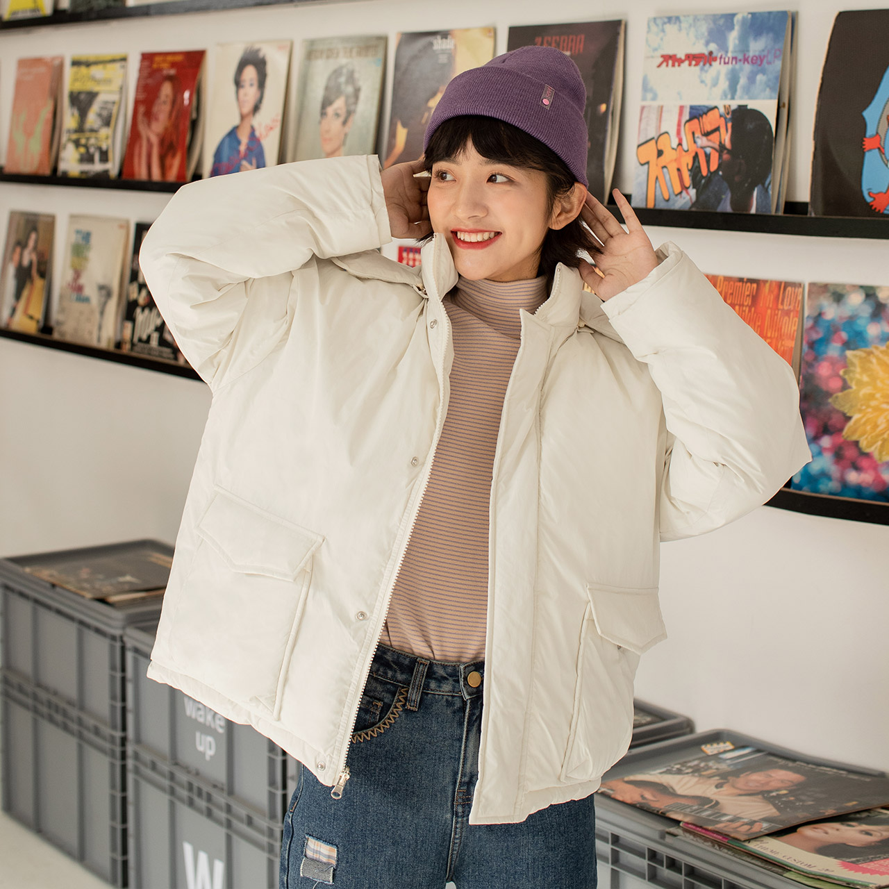 尔给可爱印花棉袄2020年新款女冬季两面穿棉服韩版学生温柔面包服