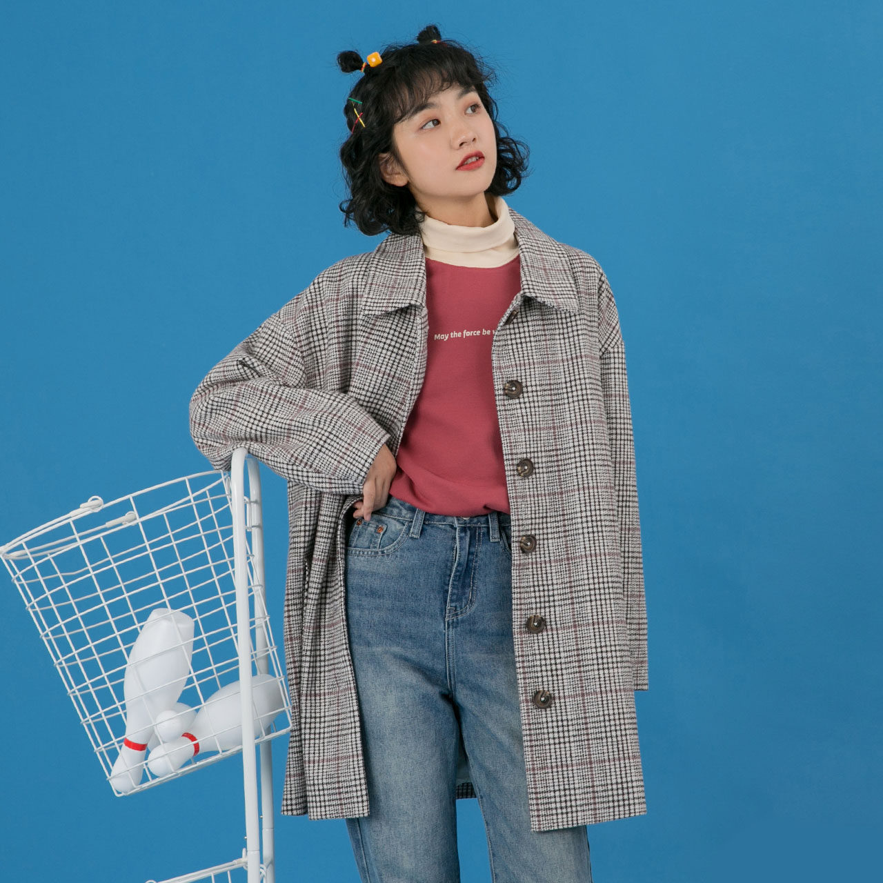 尔给冬季格子毛呢外套女小个子韩版宽松学生古着呢子大衣2019新款