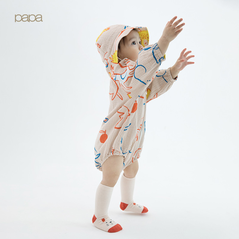 papa爬爬秋纯棉女宝宝印花包屁衣婴儿爬服哈衣打底衣服0-3岁