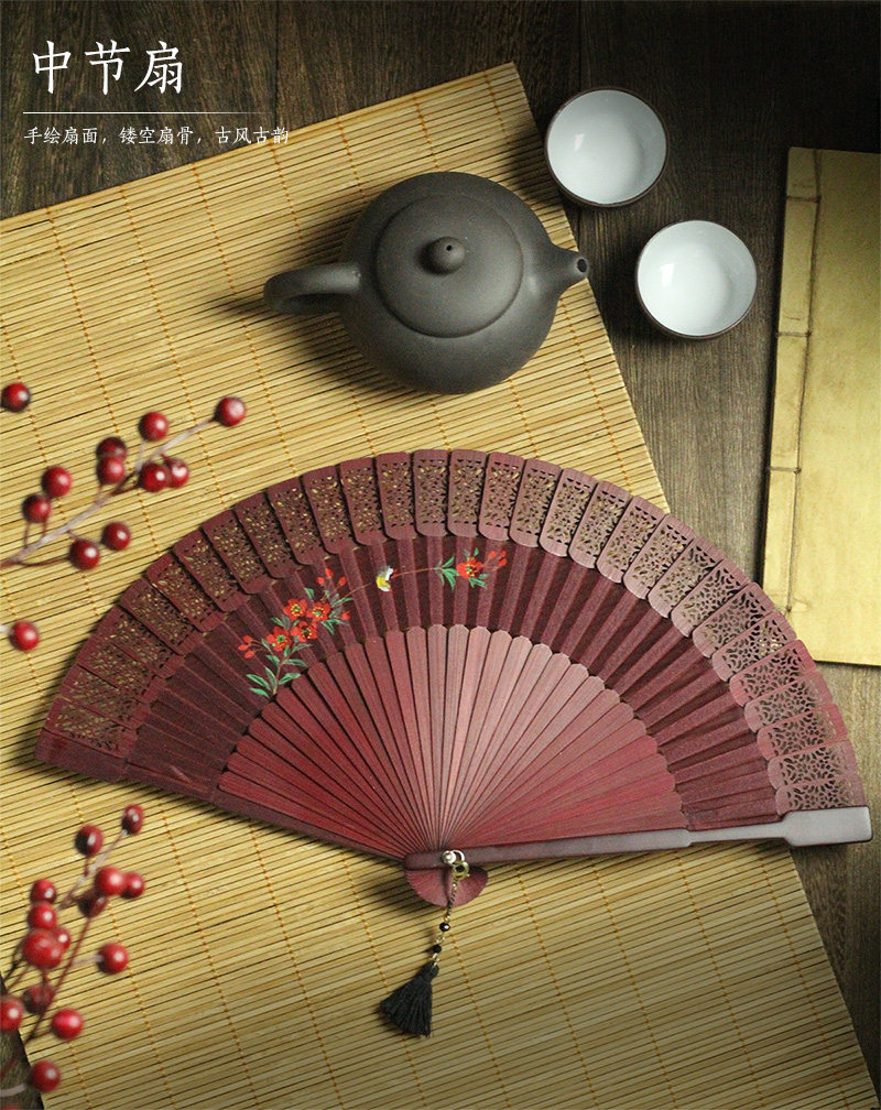 日式新款手绘红色全竹真丝折扇中国国风古典扇子