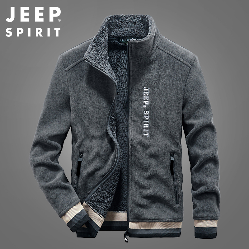 JEEP/吉普加绒男士宽松开衫摇粒绒卫衣男冬季运动抓绒立领男外套