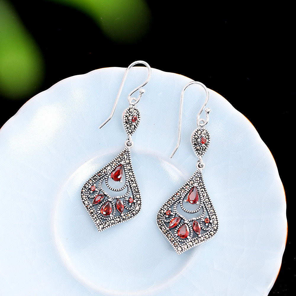 优雅大方纯银饰品石榴马克镶嵌耳环复古民族风耳饰耳环