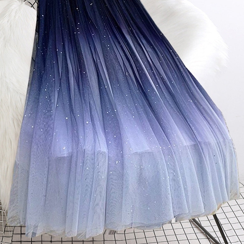 2022春夏新款时尚中长半身裙网纱渐变色星空半身裙