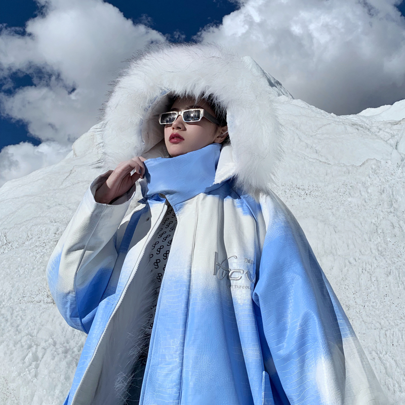 HTCU鳄鱼纹蓝天白云大衣外套皮草座山雕雕王休闲加绒加厚宽松棉服