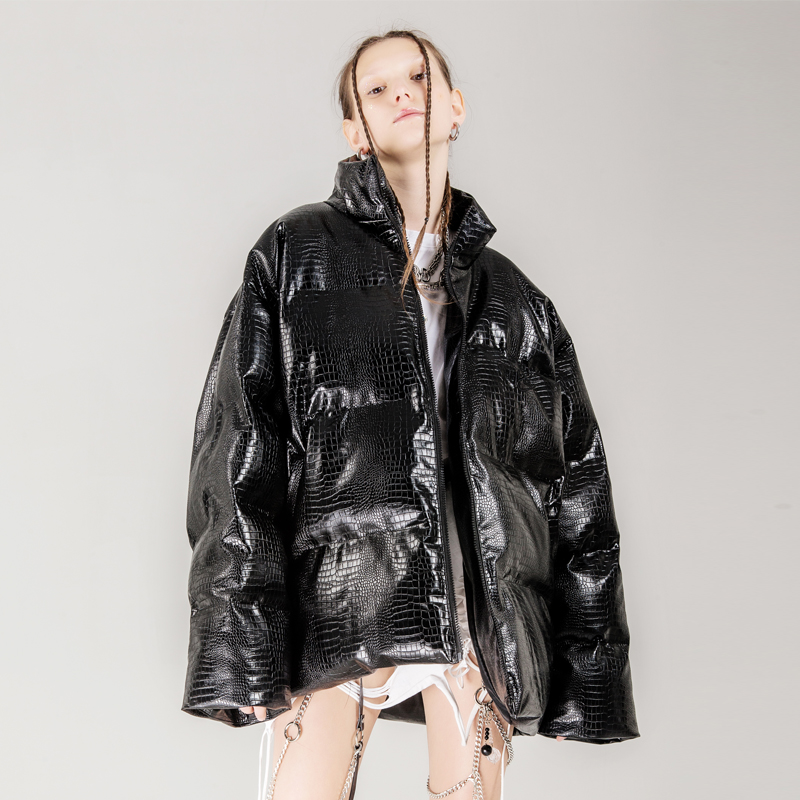 HTCU国潮牌情侣嘻哈pu皮宽松鳄鱼纹棉服街头男女棉衣秋冬加厚外套