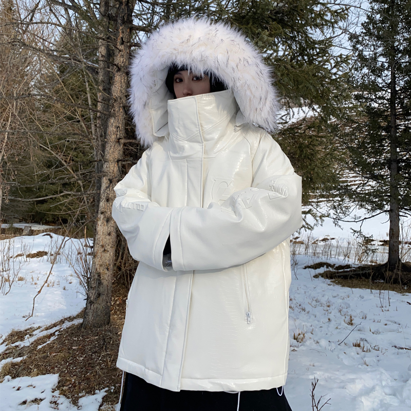 HTCU鳄鱼纹压印字母皮草雕王大衣外套加绒加厚宽松棉服情侣座山雕