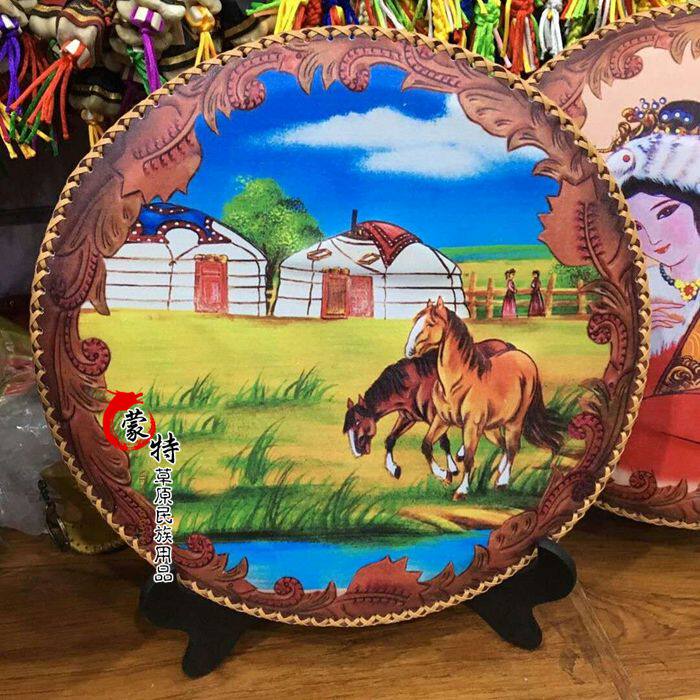 皮画蒙古草原旅游纪念品礼品皮摆台支架手提袋包邮可工艺画