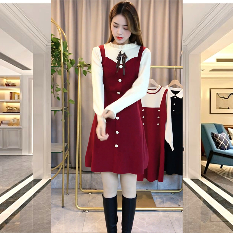 法式针织连衣裙2022年春装新款高端大气秋冬韩版冬洋气假两件拼接