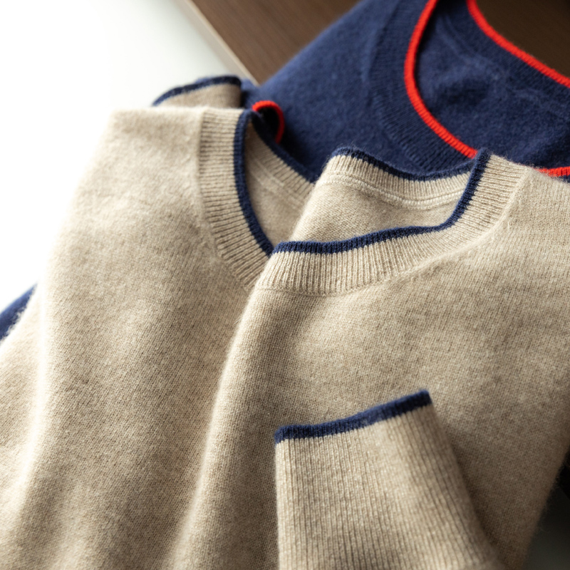 男士羊绒衫圆领撞色简约休闲纯山羊绒针织毛衣秋冬打底长袖羊毛衫