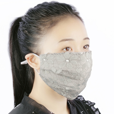 加大花朵褶皱蕾丝纯棉透气口罩黑色春秋冬季防尘保暖加厚口鼻罩女