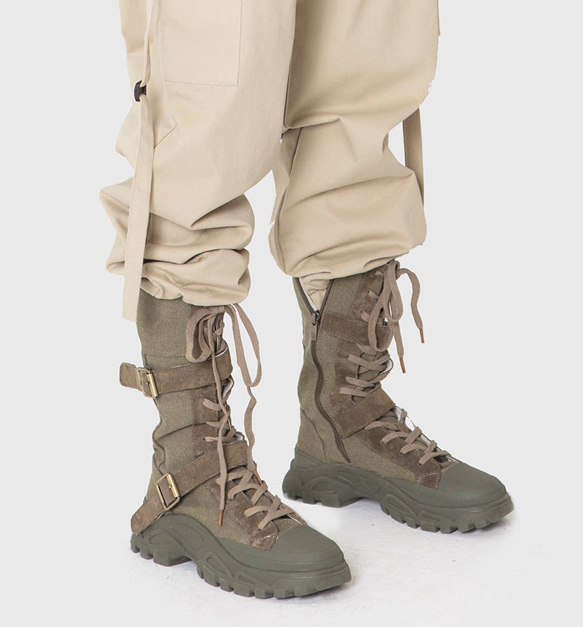 sundy韩国代购新品lisa同款皮革机能高筒帆布时装靴