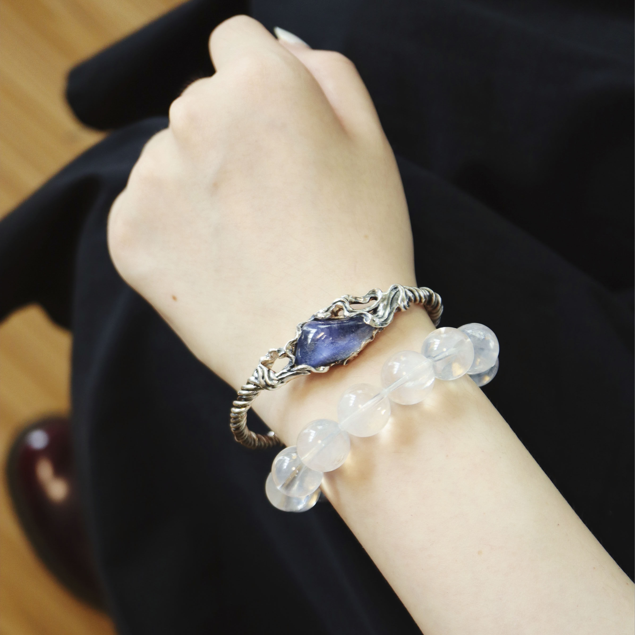 手镯颗粒天然梦幻蓝发纯银麻花复古丝绒水晶手镯