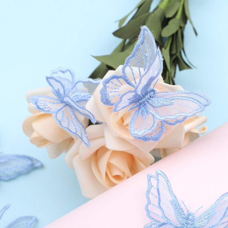 蓝色刺绣蕾丝布贴蝴蝶图案时尚衣服补破洞装饰贴布绣补丁贴花小号