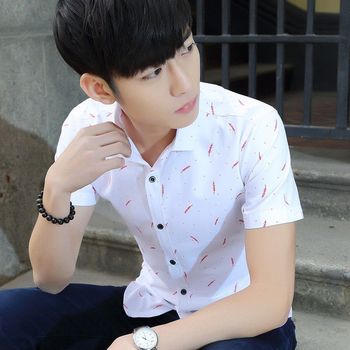 2022 summer wear men's square collar men's short-sleeved shirt men's breathable Korean style trendy men's shirt casual printed feather shirt