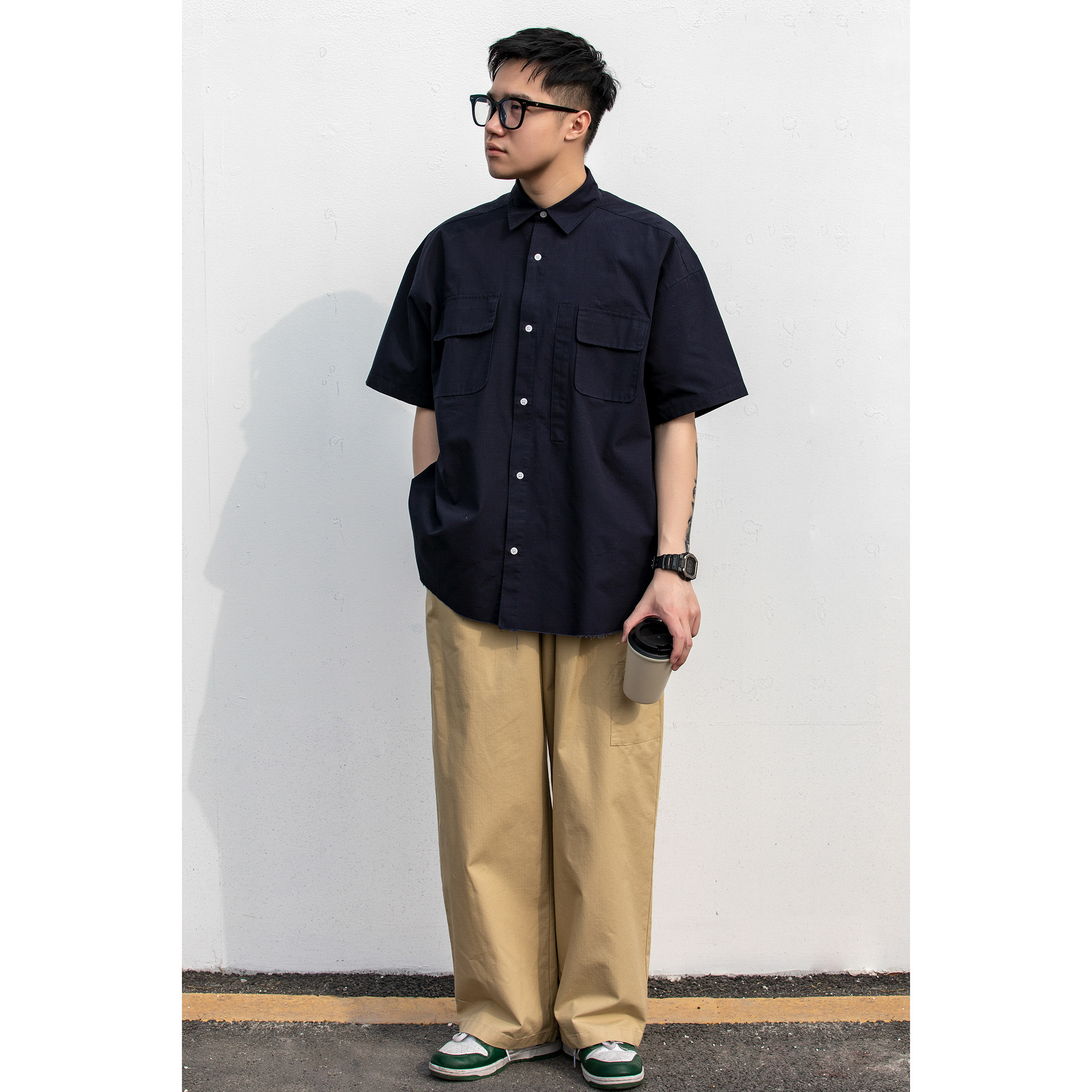 yomax夏季新款日系工装衬衫宽松休闲下摆破烂衬衫