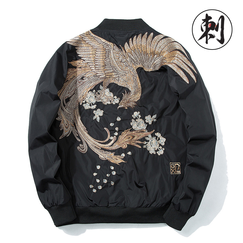 秋冬季潮流刺绣夹克男加棉情侣装个性青年薄款凤凰外套棒球服女厚