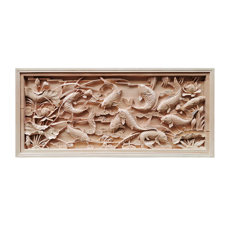 东阳九鱼装饰画背景墙中式木雕新中式浮雕立体椴木木雕