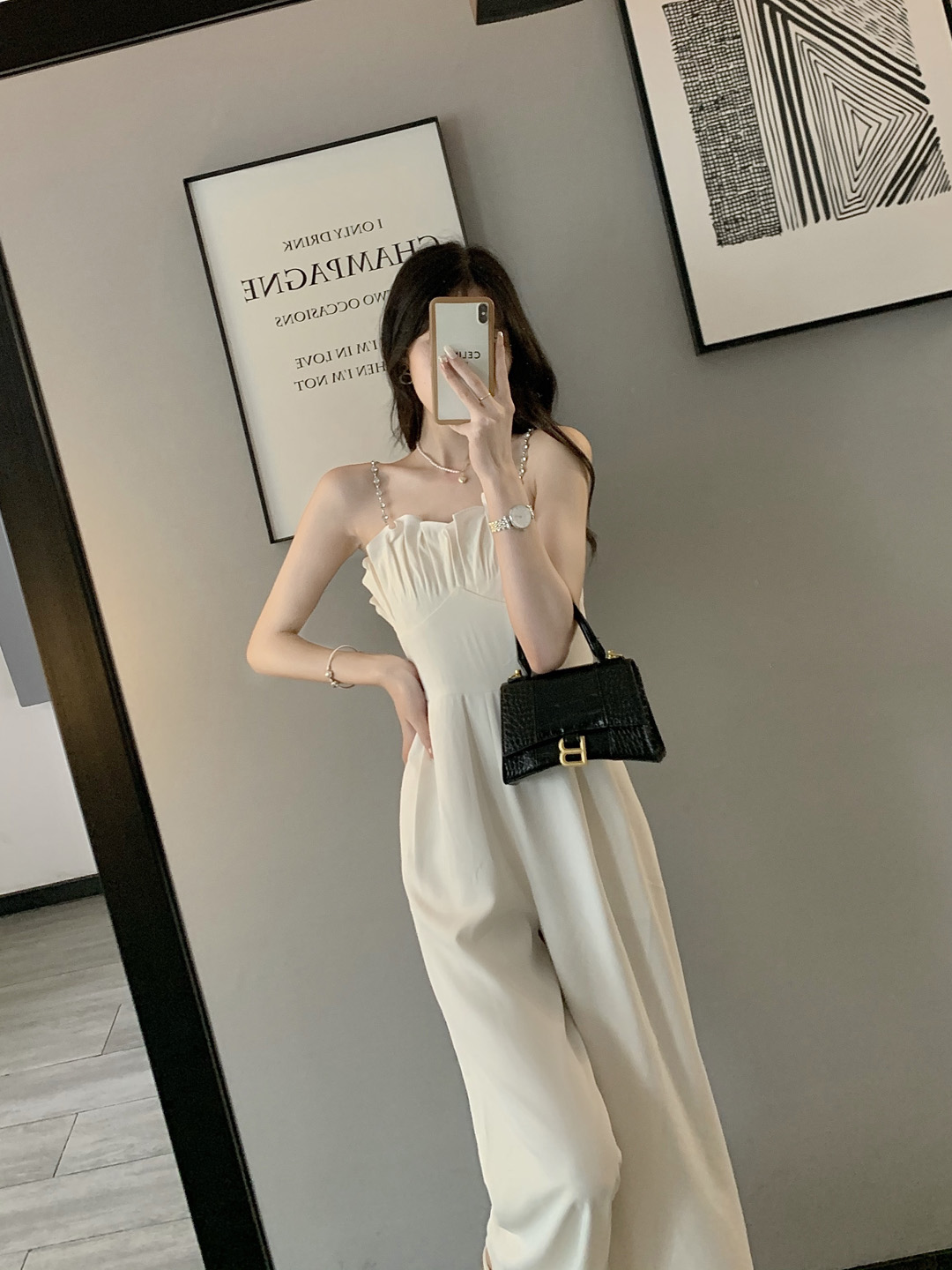 2022年夏季新款工装裤子直筒阔腿裤女高腰垂感显瘦洋气白色连体裤