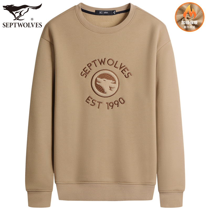 【薄绒】七匹狼男装卫衣男刺绣2022春季新款通勤圆领纯色中年上衣