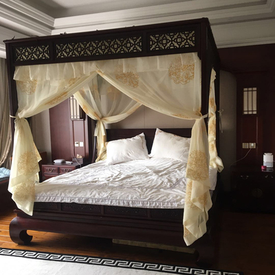 中式明清古典双月架子床明黄色祥云龙纹仿真丝布绣花蚊帐床幔