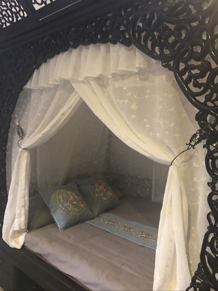 中式床幔蚊帐整体绣花棉麻粉色床民架子双月床幔