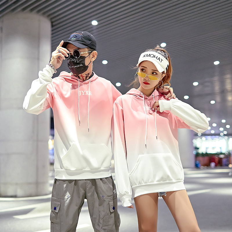 2021薄秋装渐变色渲染男女款情侣套头连帽衫宽松卫衣小清新外套潮