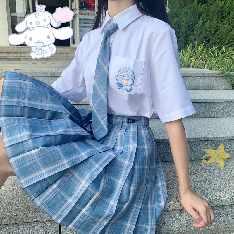 秋装短裙衬衫搭配温柔格子蓝色制服装上jk半身裙