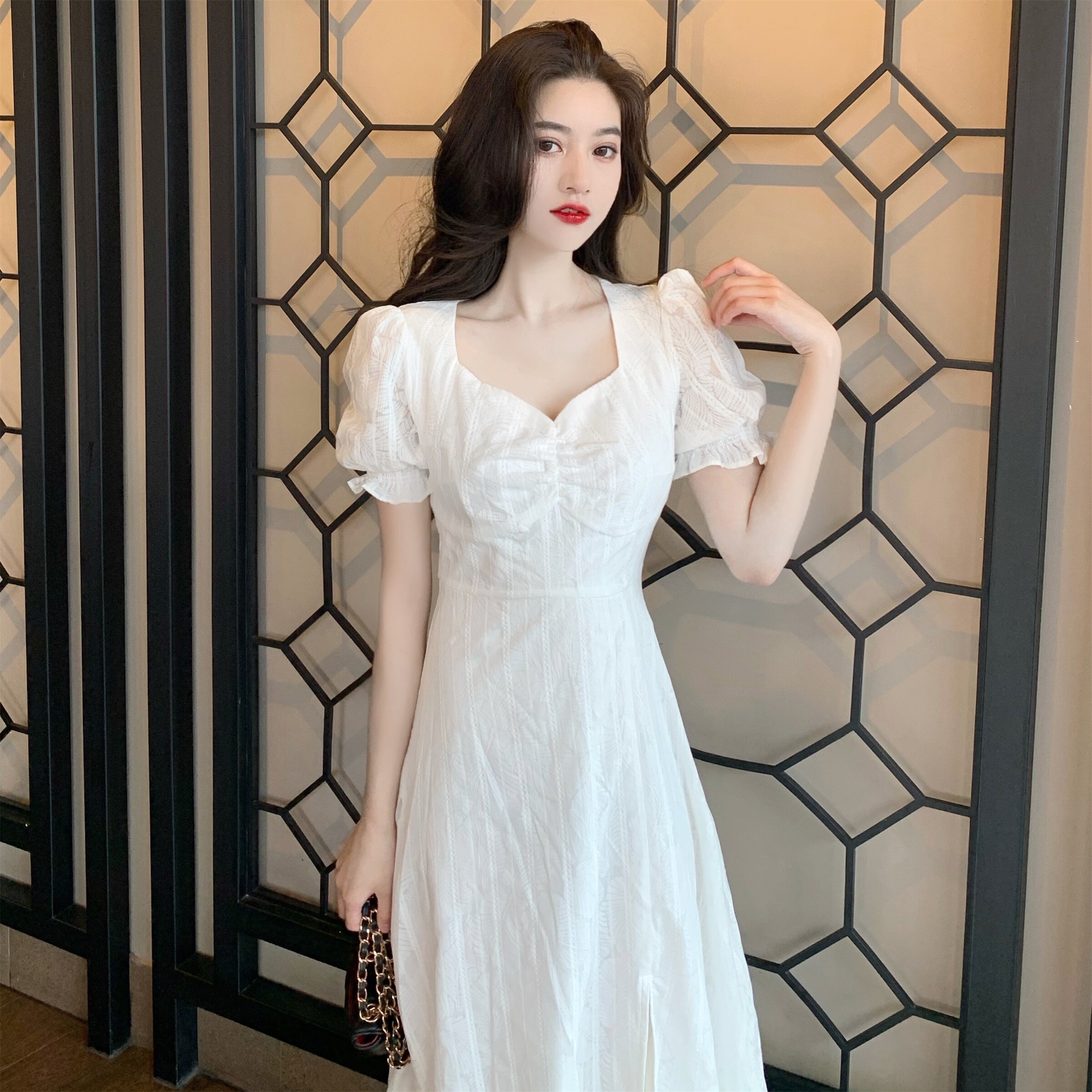 开叉白色连衣裙女仙在逃公主裙超法式茶歇裙显连衣裙