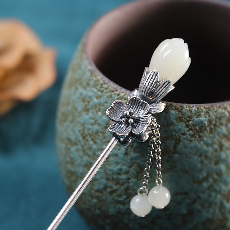 国潮纯银s925发簪天然和田玉白玉兰花女士古风发饰