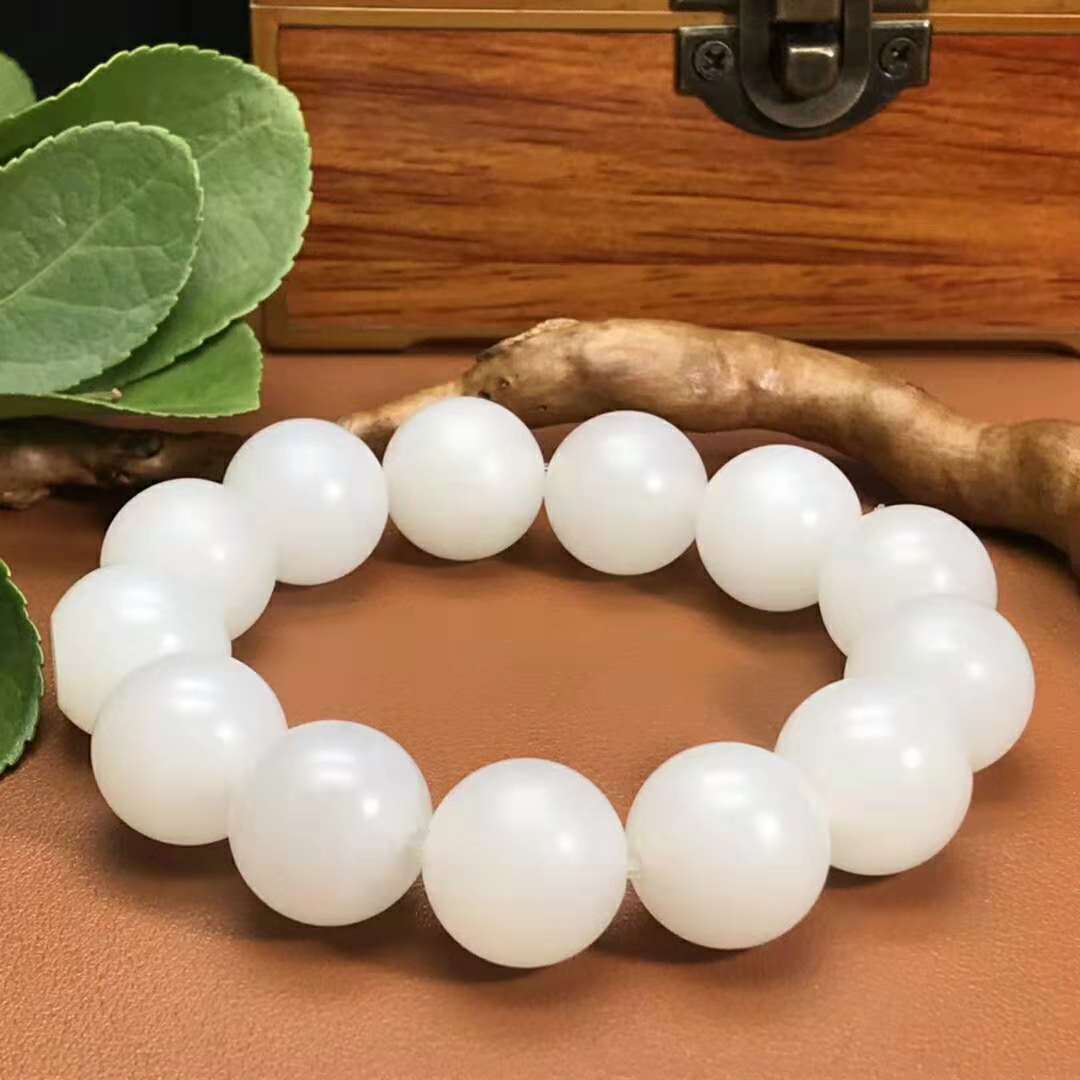保真脂白新疆和田玉籽16mm16cm白皮原皮佛珠手串手饰