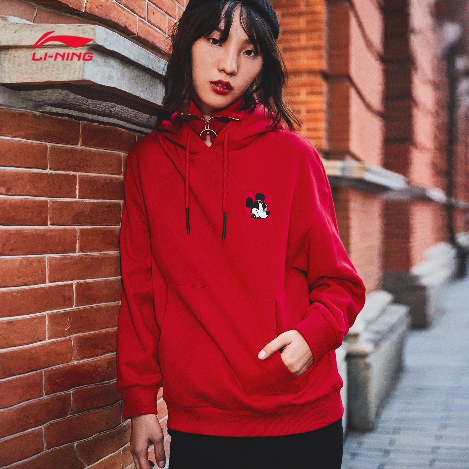 李宁米奇联名款卫衣女新款连帽宽松上衣复古时尚休闲运动服